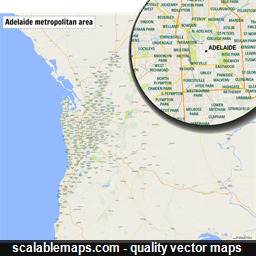 A map of the Adelaide metropolitan area with major places and roads