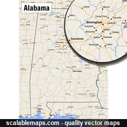 A map of Alabama with major places, roads and county borders