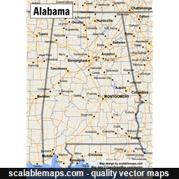 A map of Alabama with major places, roads and county borders