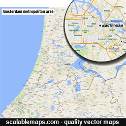A map of area around Amsterdam, Den Haag and Utrecht with major places and roads