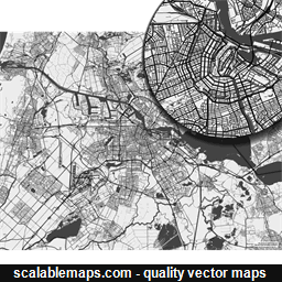 A black & white, no labels high-detailed map of Amsterdam metropolitan area