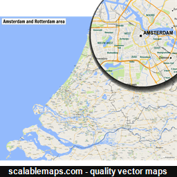 A map of area around Amsterdam and Rotterdam with major places and roads