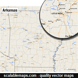 A map of Arkansas with major places, roads and county borders