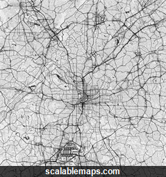 A black & white, no labels high-detailed map of Atlanta metropolitan area