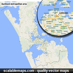 A map of the Auckland metropolitan area with major places and roads