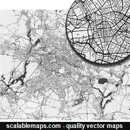 A black & white, no labels high-detailed map of Berlin metropolitan area