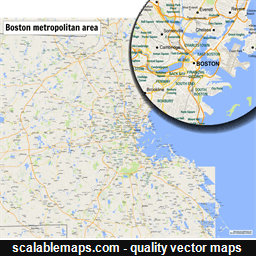 A map of the Boston metropolitan area with major places and roads