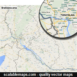 A map of the area around Bratislava with major places and roads