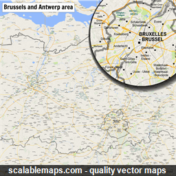 A map of area around Brussels and Antwerp with major places and roads