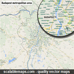 A map of Budapest metropolitan area with major places and roads