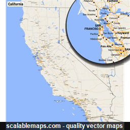 A map of California with major places, roads and county borders