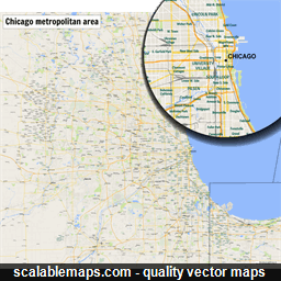A map of Chicago metropolitan area with major places and roads