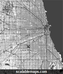 A black & white, no labels high-detailed map of Chicago metropolitan area