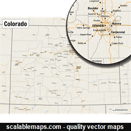 A map of Colorado with major places, roads and county borders