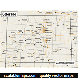 A map of Colorado with major places, roads and county borders