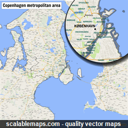 A map of the Copenhagen metropolitan area with major places and roads