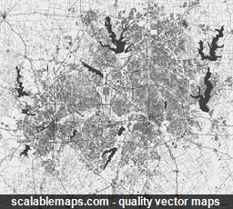 A black & white, no labels high-detailed map of Dallas and Fort Worth area