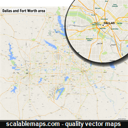 A map of the Dallas and Fort Worth area with major places and roads