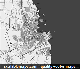 A black & white, no labels high-detailed map of Doha metropolitan area