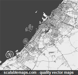 A black & white, no labels high-detailed map of Dubai metropolitan area