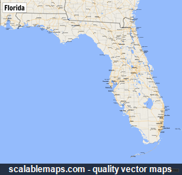 A map of Florida with major places, roads and county borders