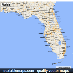 A map of Florida with major places, roads and county borders