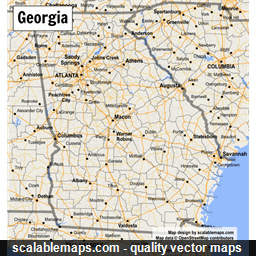A map of Georgia with major places, roads and county borders