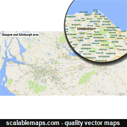 A map of area around Glasgow and Edinburgh with major places and roads