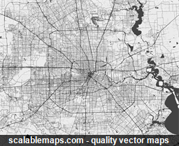 A black & white, no labels high-detailed map of Houston metropolitan area