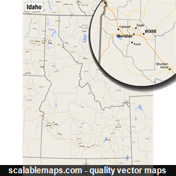 A map of Idaho with major places, roads and county borders