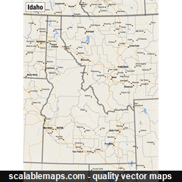 A map of Idaho with major places, roads and county borders