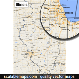 A map of Illinois with major places, roads and county borders