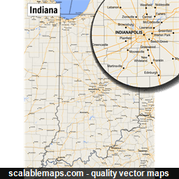 A map of Indiana with major places, roads and county borders