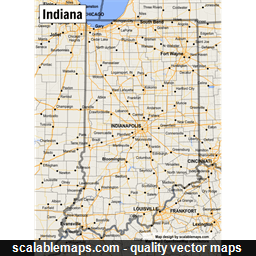 A map of Indiana with major places, roads and county borders