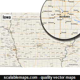 A map of Iowa with major places, roads and county borders