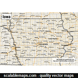 A map of Iowa with major places, roads and county borders