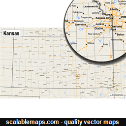 A map of Kansas with major places, roads and county borders