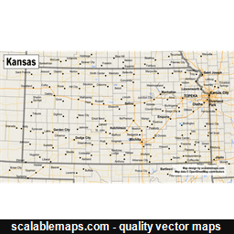 A map of Kansas with major places, roads and county borders