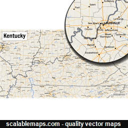 A map of Kentucky with major places, roads and county borders