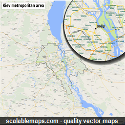 A map of the Kiev metropolitan area with major places and roads