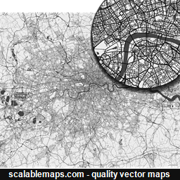 A black & white, no labels high-detailed map of London metropolitan area