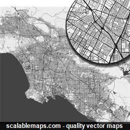 A black & white, no labels high-detailed map of Los Angeles metropolitan area