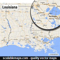 A map of Louisiana with major places, roads and county borders
