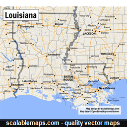 A map of Louisiana with major places, roads and county borders