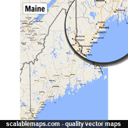 A map of Maine with major places, roads and county borders
