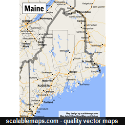 A map of Maine with major places, roads and county borders