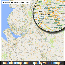 A map of area around Manchester and Liverpool with major places and roads
