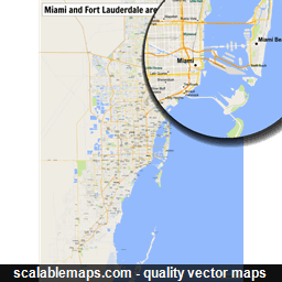 A map of the Miami and Fort Lauderdale area with major places and roads