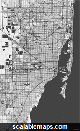 A black & white, no labels high-detailed map of Miami metropolitan area