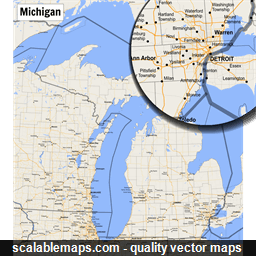 A map of Michigan with major places, roads and county borders
